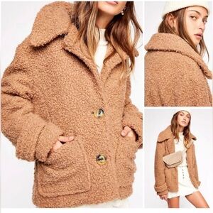 Free People- So Soft Cozy Peacoat Oversized Sherpa Jacket Pockets Buttons Size M